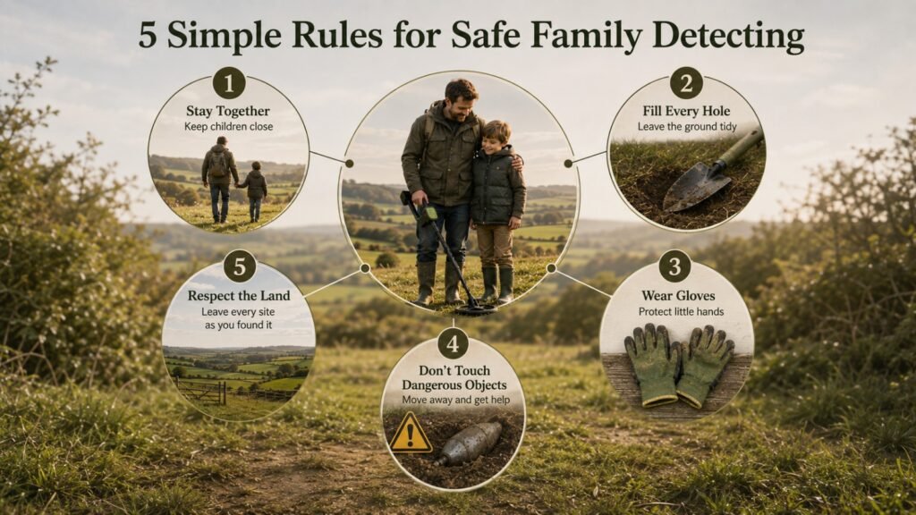 5 simple rules for safe family detecting Parent and child metal detecting outdoors with five safety principles including staying together, filling holes, wearing gloves and respecting the land.