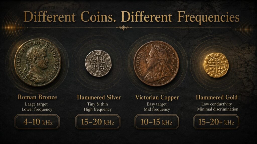 Infographic comparing Roman bronze, hammered silver, Victorian copper, and hammered gold coins with the recommended detector frequencies for UK coin hunting. 