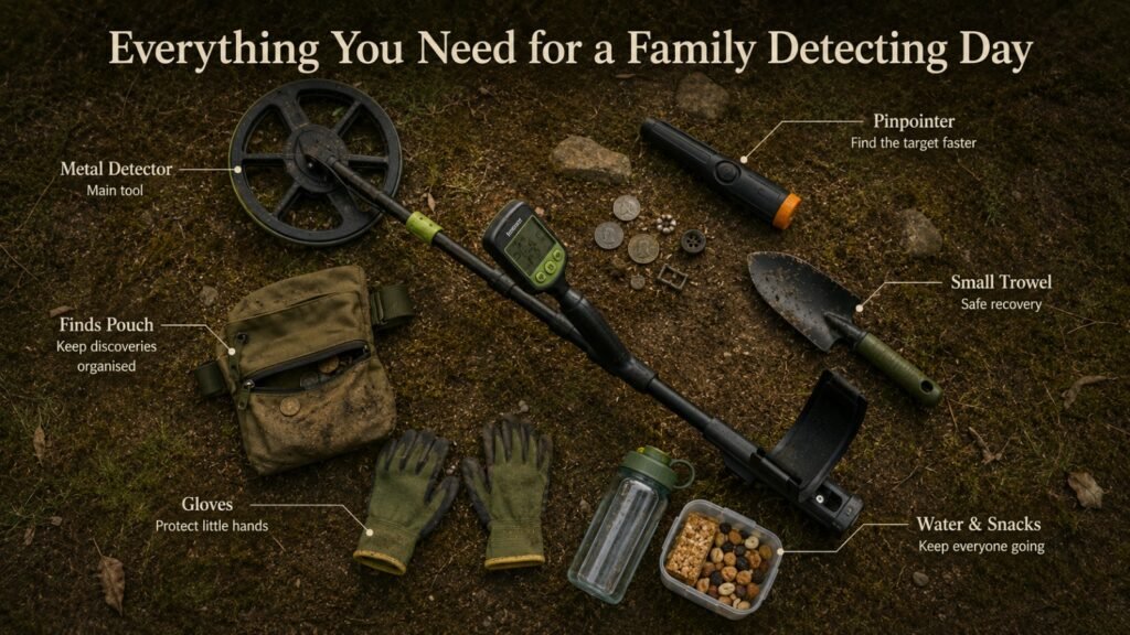 Everything you need for a family detecting day Top-down view of a family metal detecting kit with a detector, pinpointer, trowel, finds pouch, gloves, water and snacks.