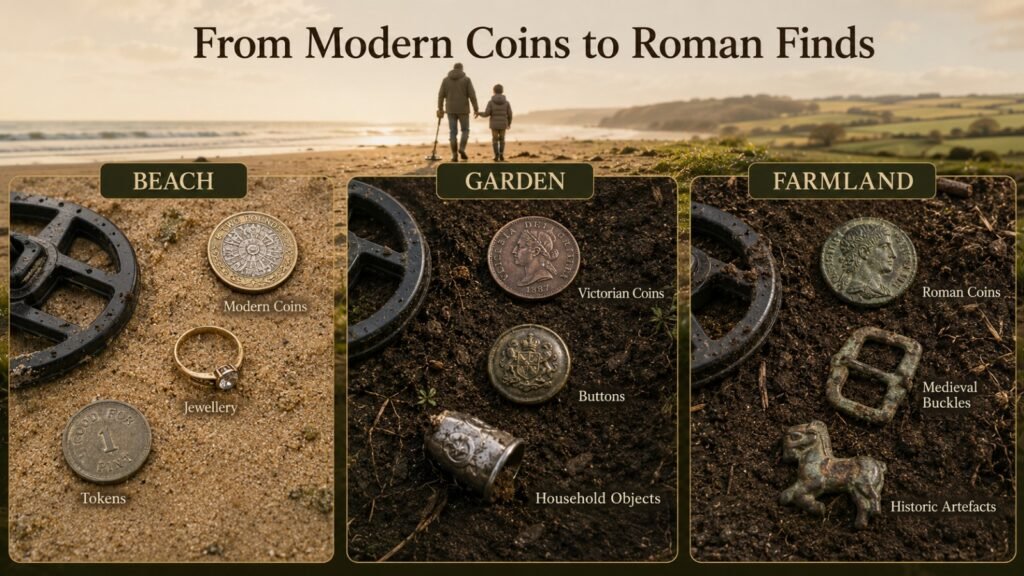 From modern coins to roman finds Modern coins and jewellery, Victorian buttons and coins, and Roman and medieval finds discovered through family metal detecting.