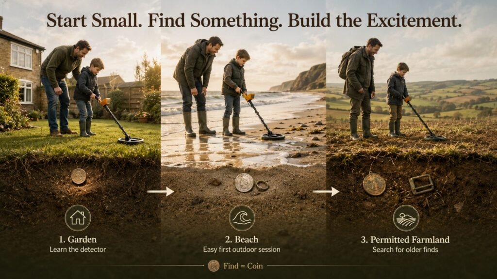 Start Small. Find something. Build the excitement Parent and child progressing from garden detecting to beach and permitted farmland metal detecting.