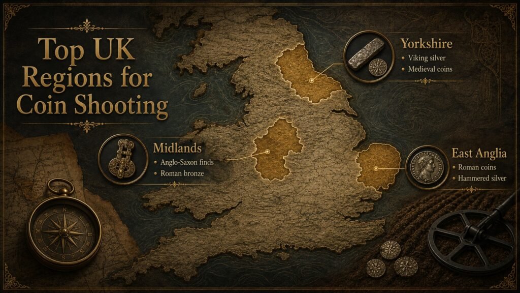 Map infographic highlighting the best UK regions for coin shooting, including East Anglia, the Midlands, and Yorkshire, with their most common historic coin finds. 
