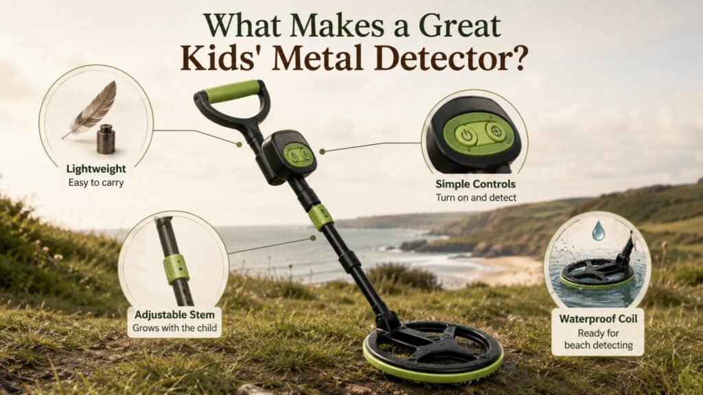 What Makes a Great kids Metal Detector Child using a lightweight metal detector with adjustable stem and waterproof coil, highlighting key features for young detectorists.