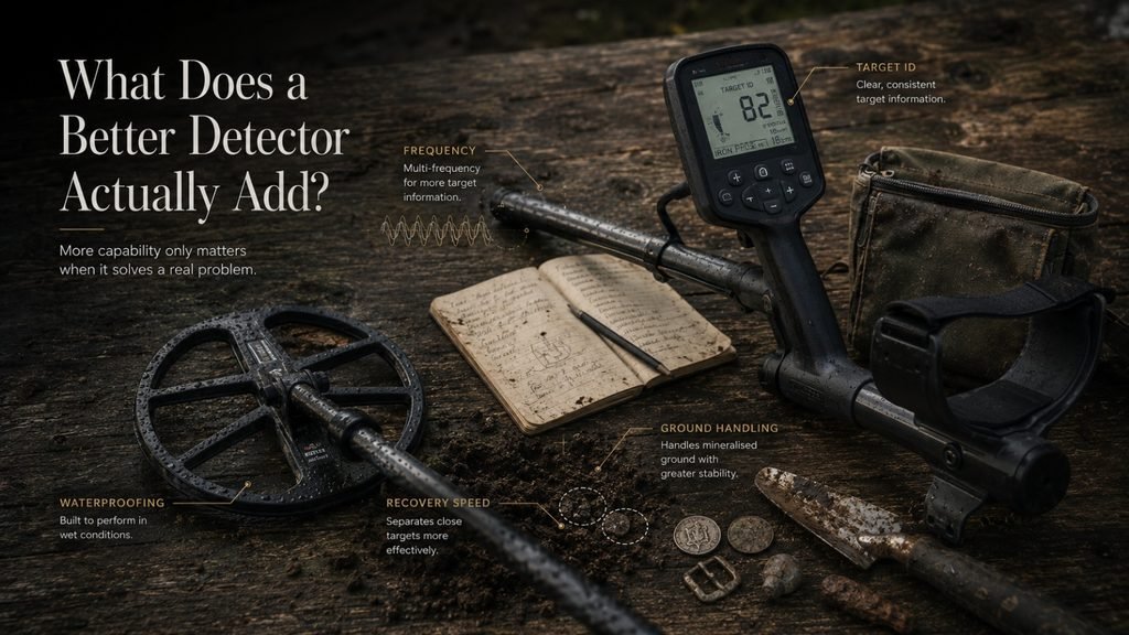 Metal detector features that can improve recovery speed, ground handling and target identification