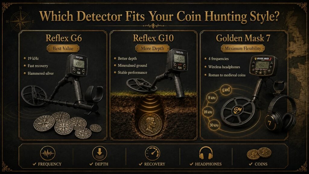 Comparison infographic of Reflex G6, Reflex G10, and Golden Mask 7 metal detectors, highlighting their features and suitability for UK coin hunting. 