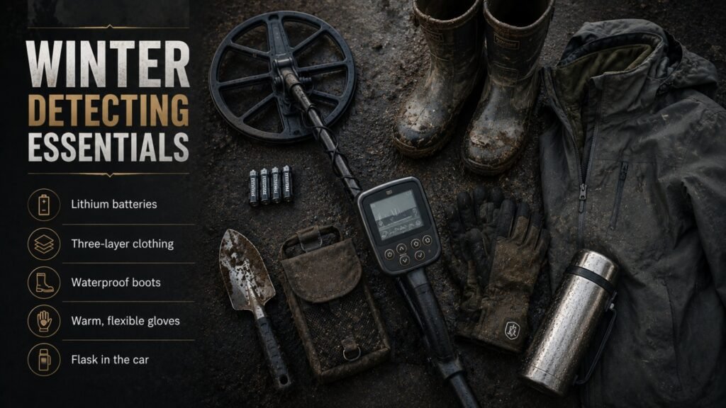 Winter detecting essentials Essential winter metal detecting gear including batteries, boots and gloves