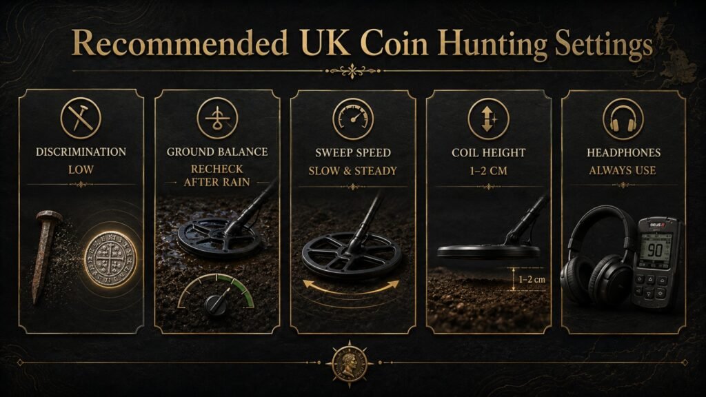 Infographic showing recommended metal detector settings for UK coin hunting, including low discrimination, ground balance, slow sweep speed, coil height, and headphones. 