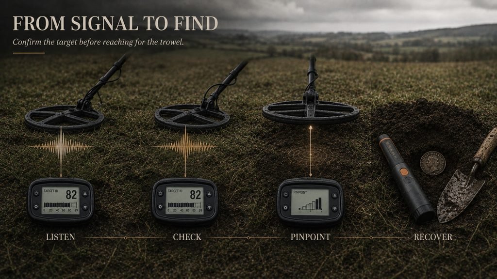 Four-stage metal detecting process from hearing and confirming a signal to pinpointing and recovering the find