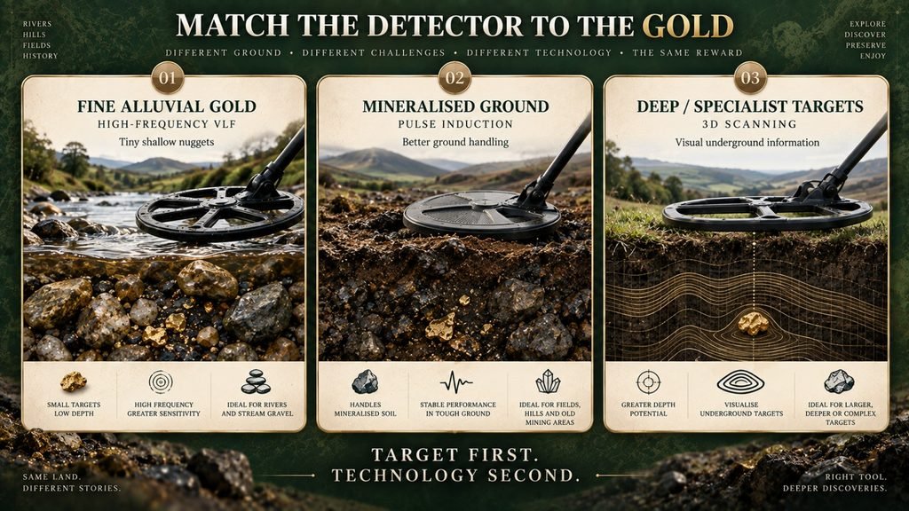 Choosing between high-frequency VLF, Pulse Induction and 3D scanning for different UK gold detecting targets