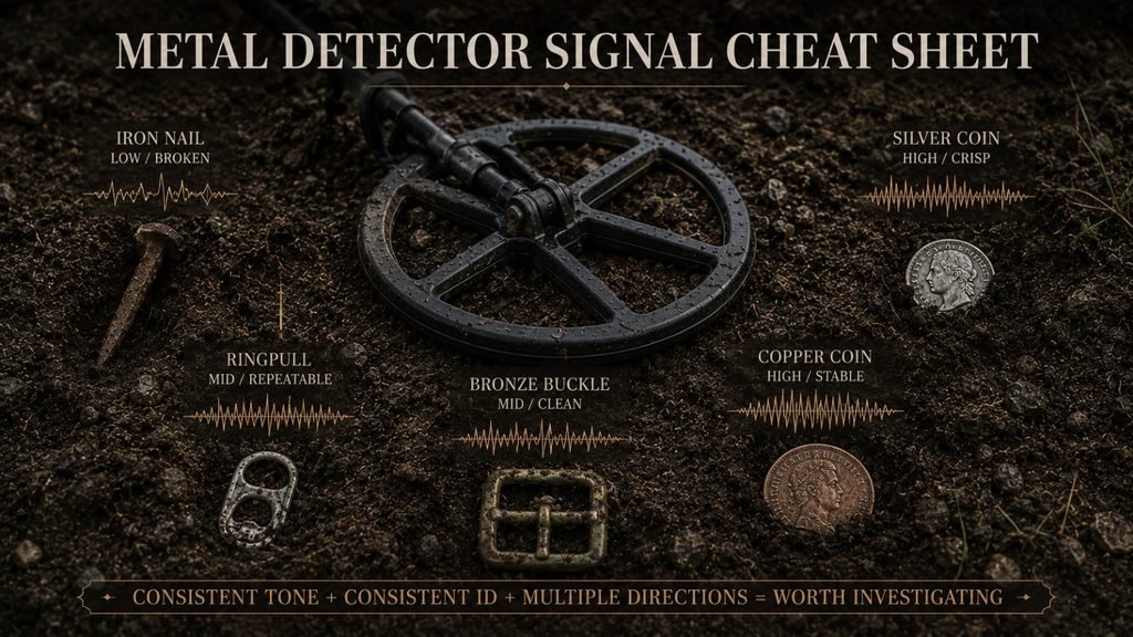 Metal detector signal cheat sheet showing typical low, mid and high responses from common targets