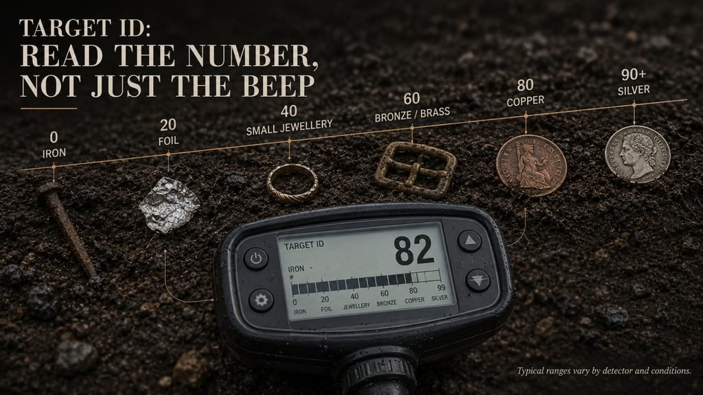 Metal detector target ID scale showing typical readings for iron, jewellery, bronze, copper and silver 