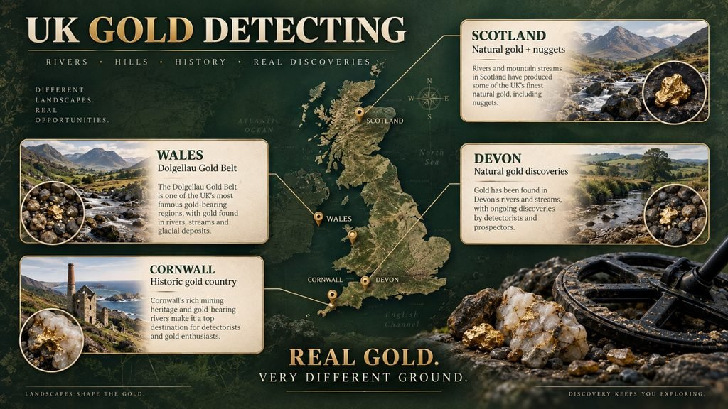 UK gold detecting regions include Scotland, Wales, Devon and Cornwall