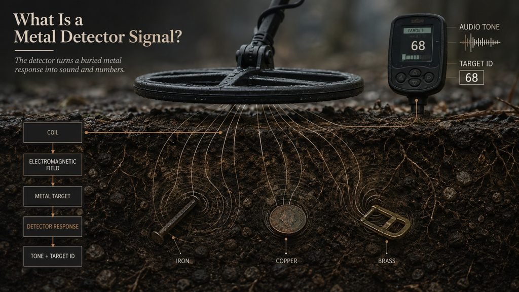 Metal detector coil showing how electromagnetic signals become audio tones and target ID readings
