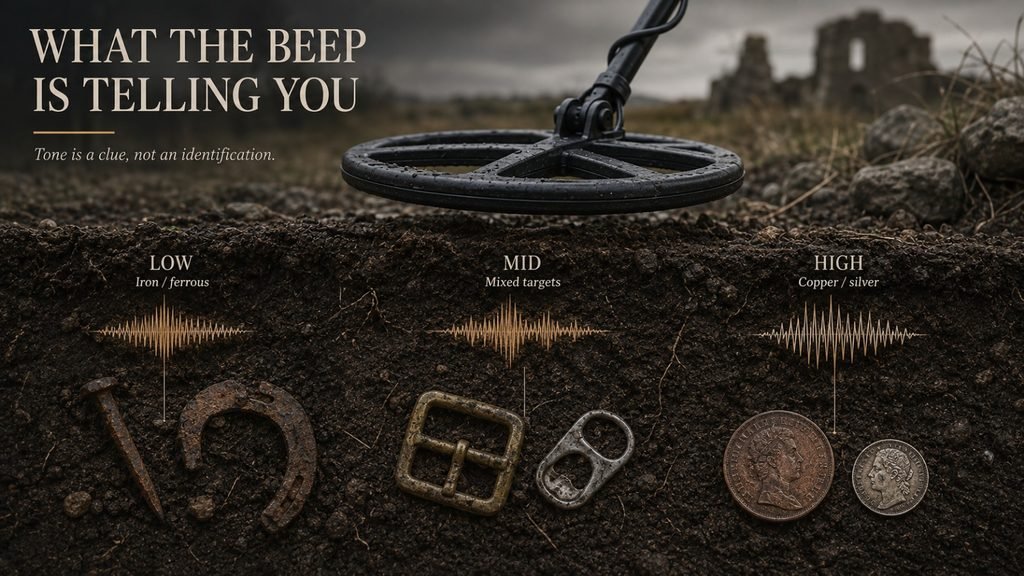 Low, mid and high metal detector tones illustrated with realistic iron, brass and coin targets