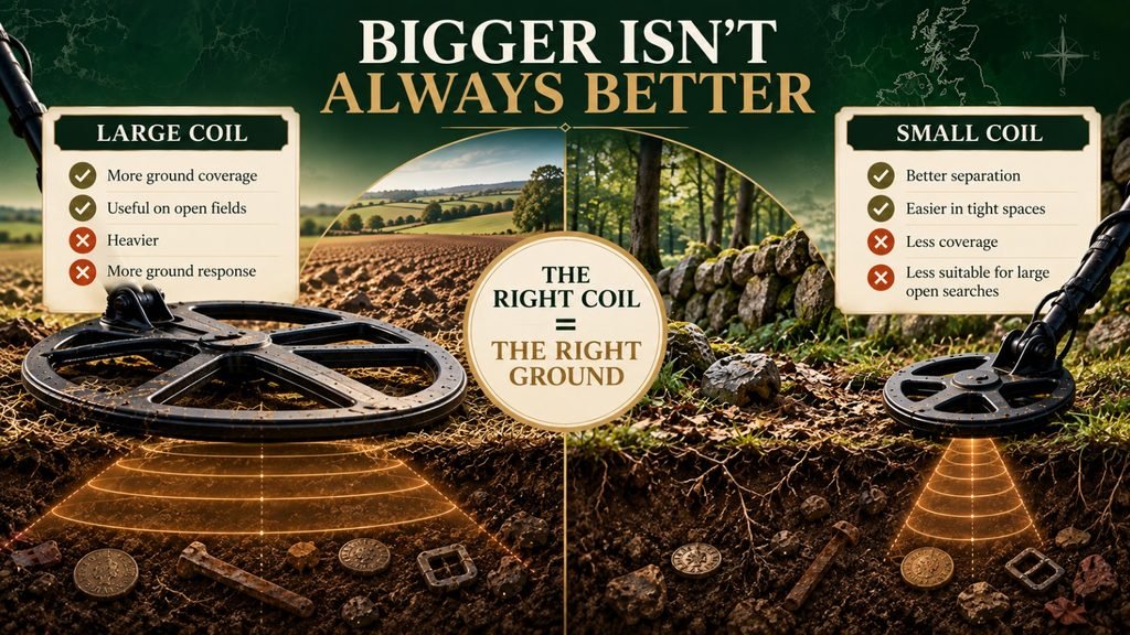 Large and small metal detector coils compared for coverage, separation, weight and ground response