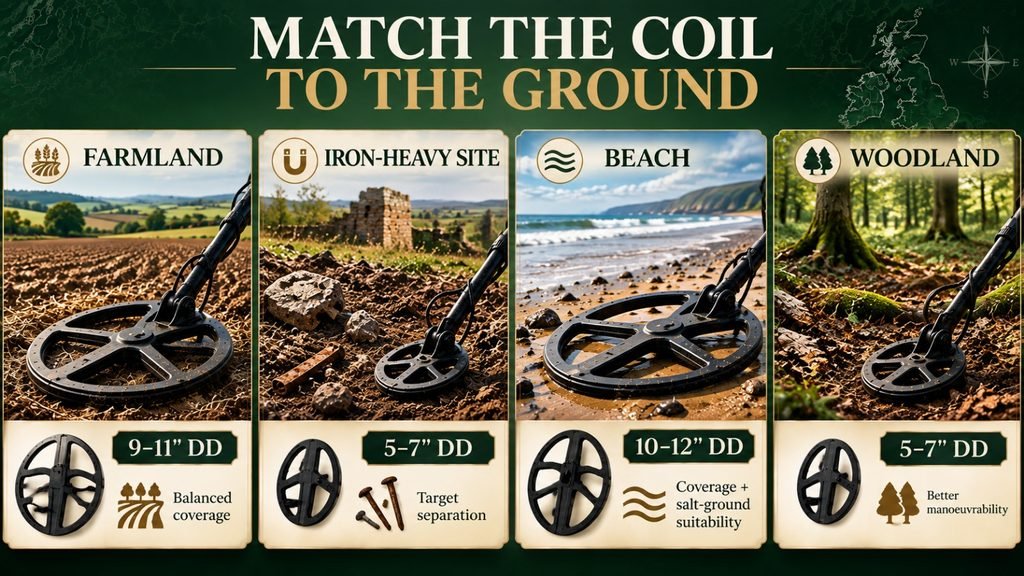 Metal detector coil recommendations for UK farmland, iron-heavy sites, beaches and woodland