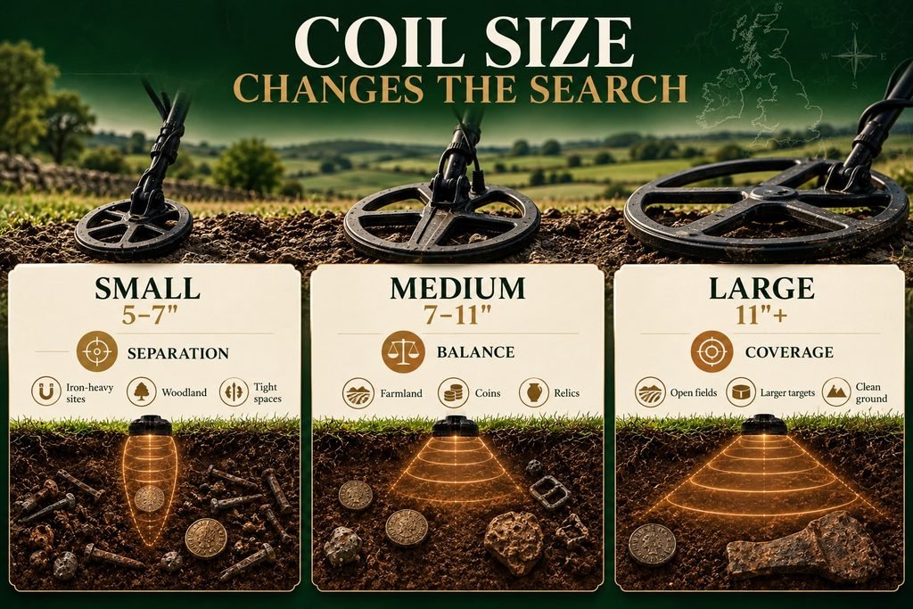 Small, medium and large metal detector coils compared for target separation, balance and ground coverage
