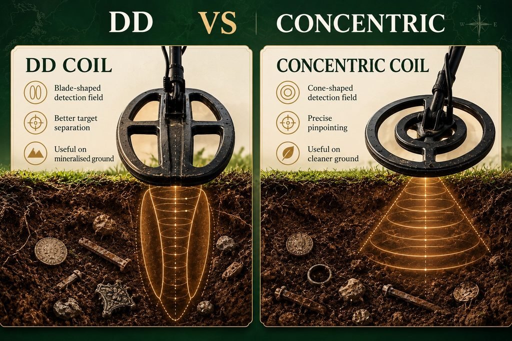 DD and concentric metal detector coils compared using blade-shaped and cone-shaped detection fields