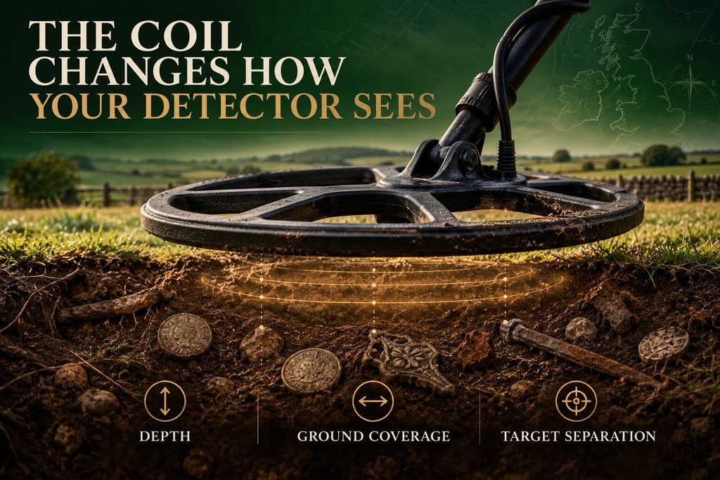 Metal detector coil hovering over UK farmland with underground targets illustrating depth, coverage and target separation