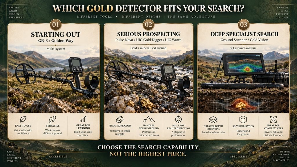 Gold detector buying guide comparing entry, serious prospecting and specialist 3D scanning equipment