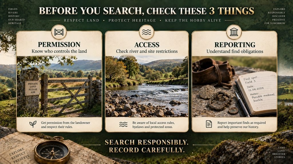 Permission, access and find-reporting checks before gold prospecting in the UK