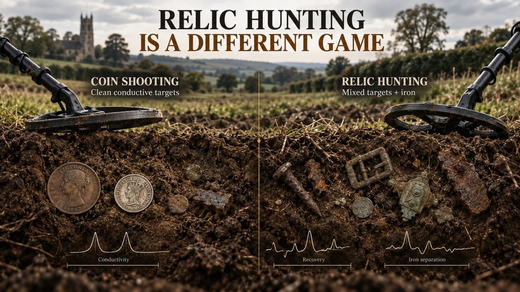 Visual comparison between coin shooting and relic hunting in iron-rich UK farmland