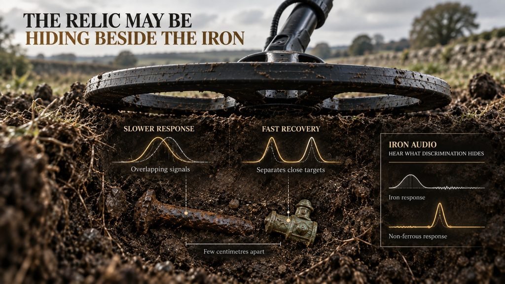 Metal detector showing how fast recovery and iron audio help separate relics from nearby iron 
