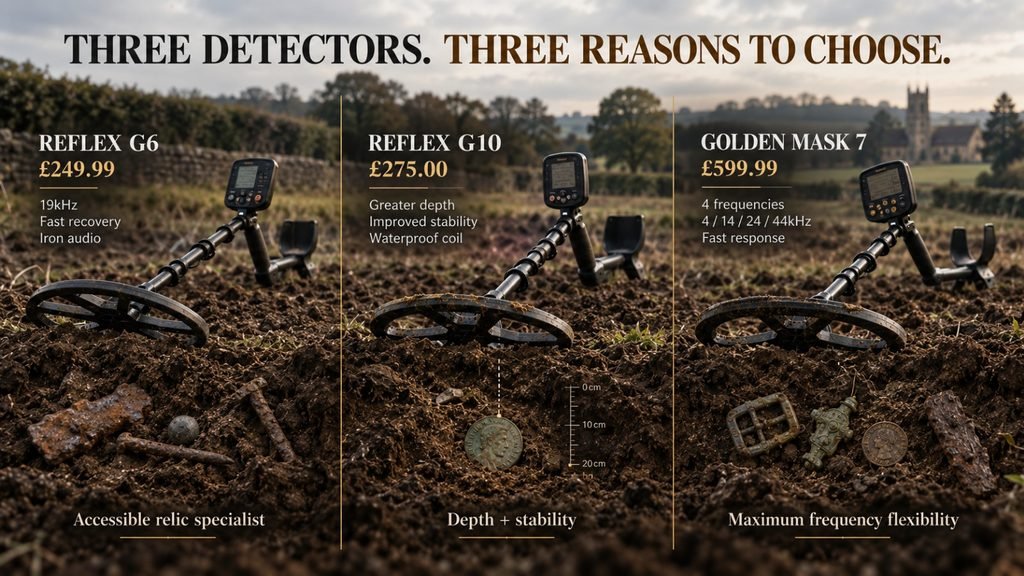 Three metal detectors compared for UK relic hunting, from Reflex G6 to Golden Mask 7 