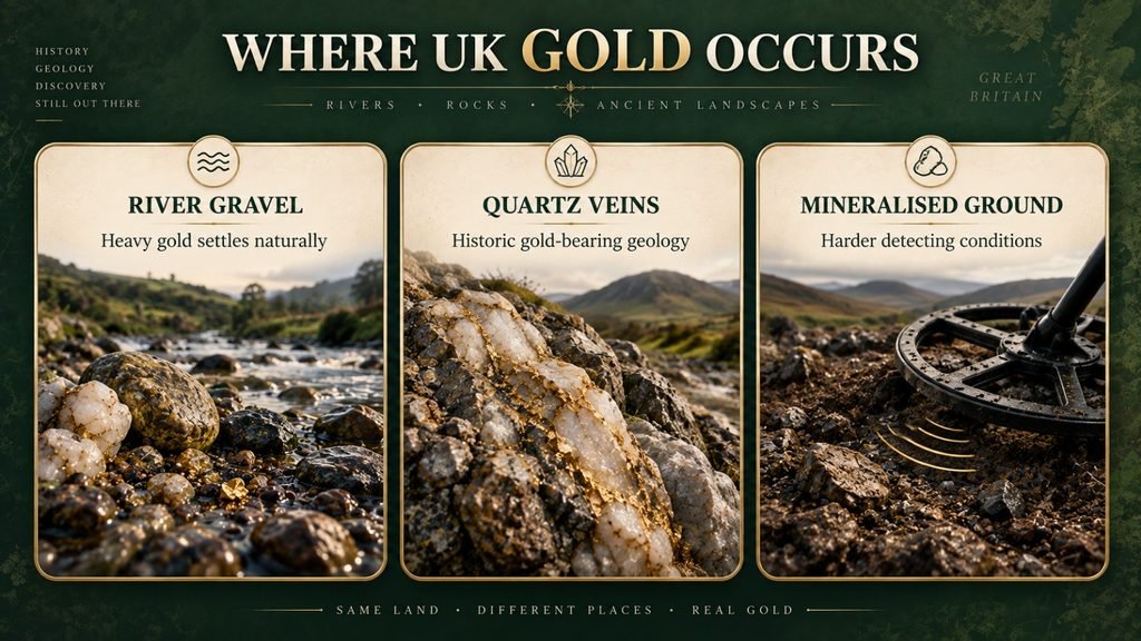 River gravel, quartz geology and mineralised ground associated with UK gold detecting
