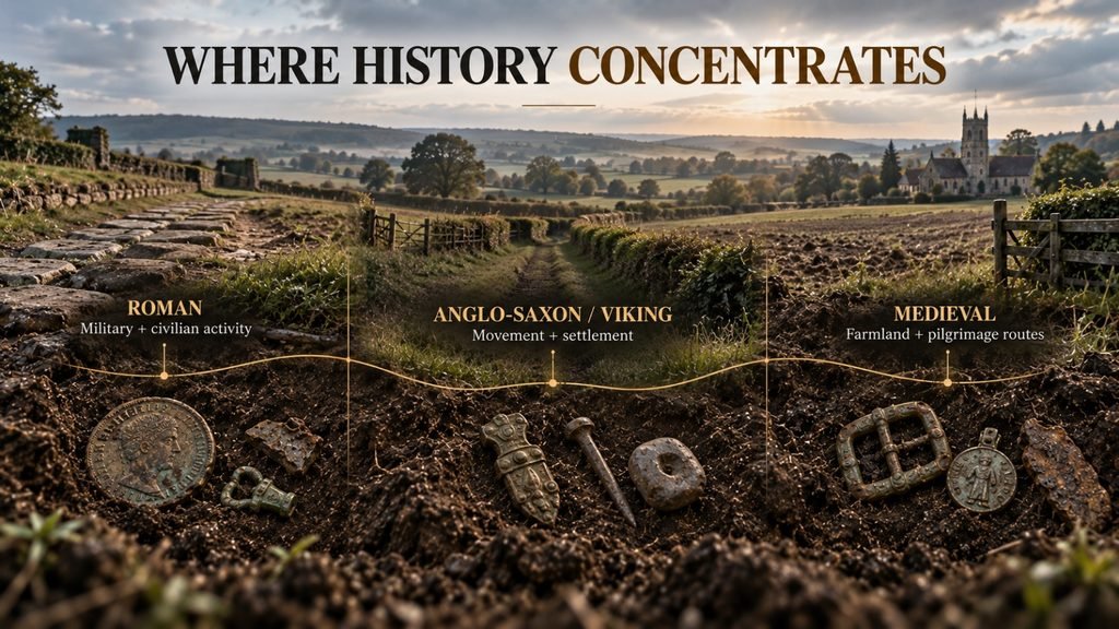 Roman, Anglo-Saxon, Viking and medieval environments suitable for researching UK relic-hunting permissions