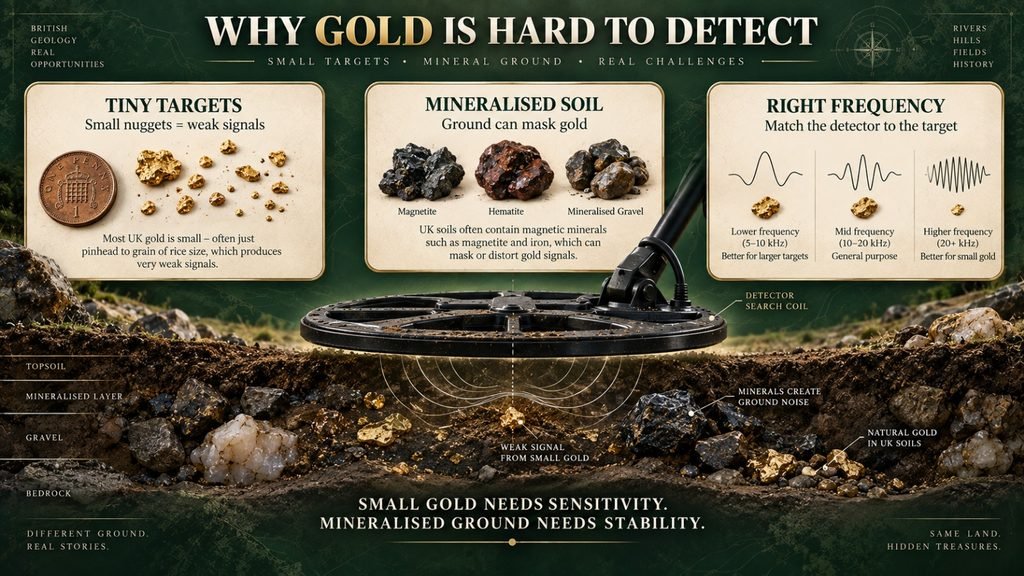 Why tiny gold and mineralised soil make natural gold difficult for standard metal detectors to detect