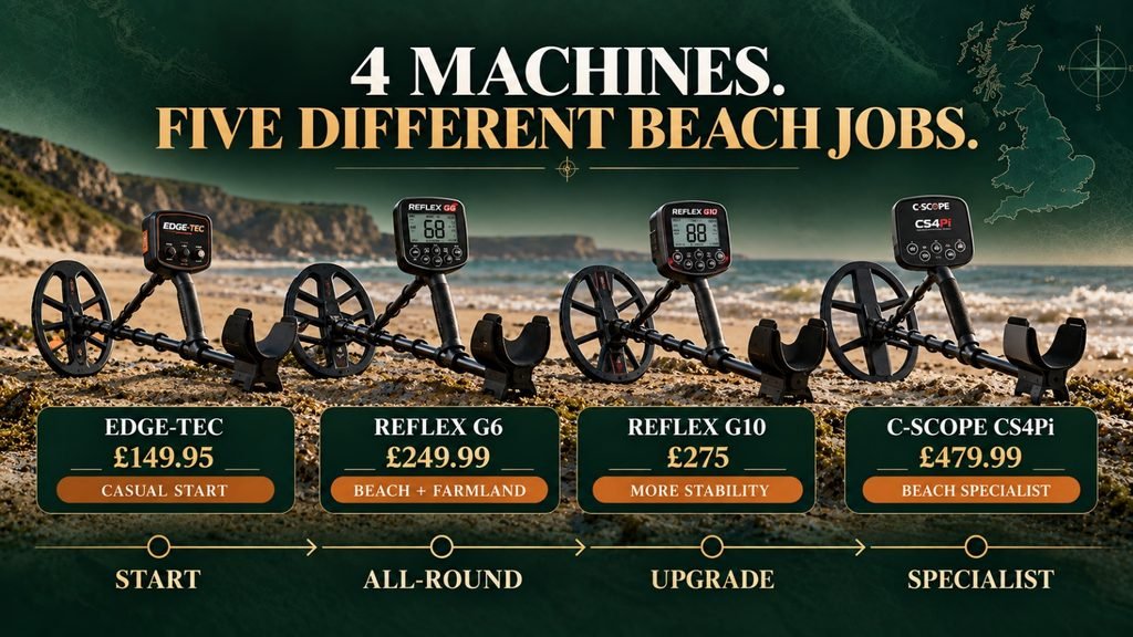 Comparison of four beach metal detectors from beginner-friendly to specialist UK beach machines.