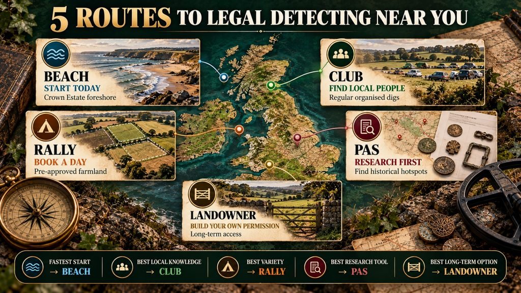 Five legal routes to metal detecting near home in the UK: beaches, clubs, rallies, PAS research and landowner permissions