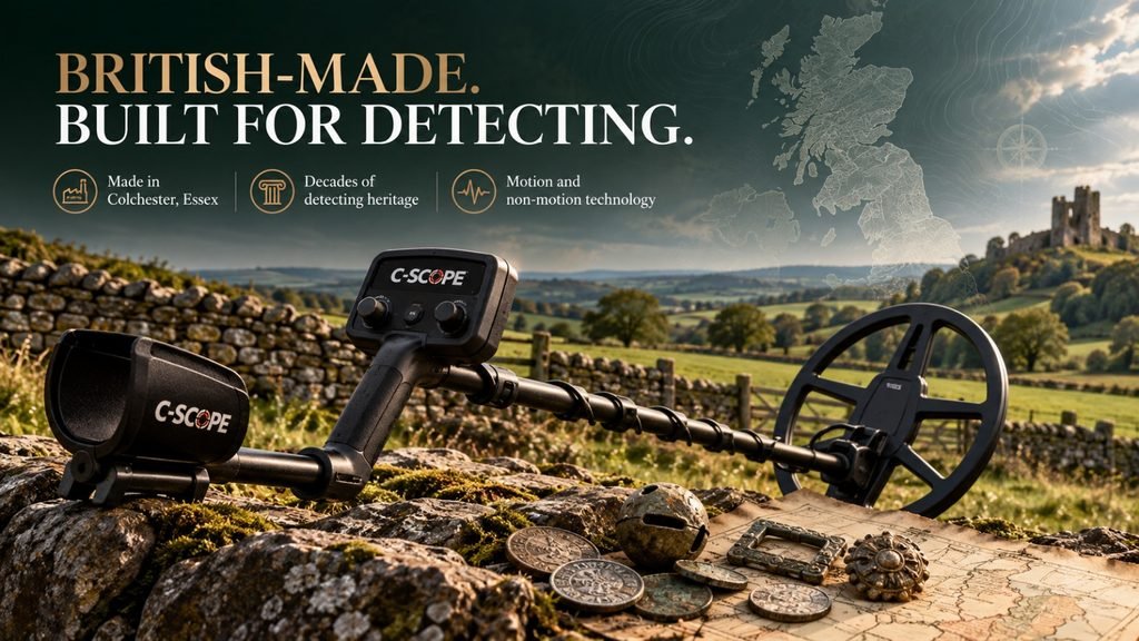 C-Scope metal detector against a British countryside backdrop with a vintage map and archaeological finds.