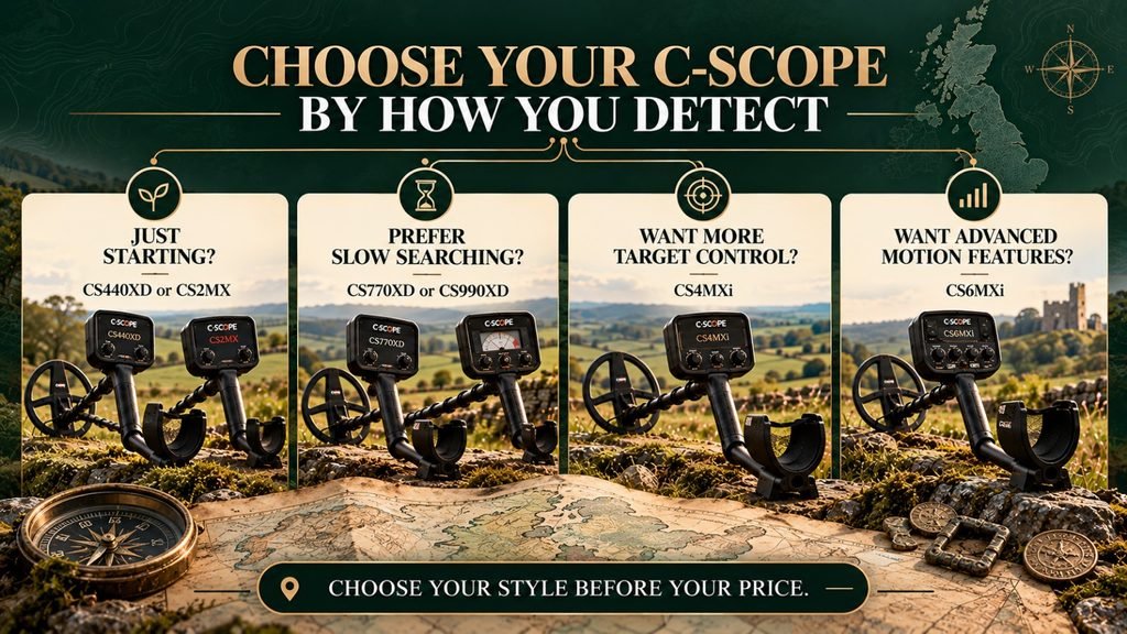 C-Scope detector selection guide matching beginner, non-motion, and advanced motion detecting preferences to suitable models.