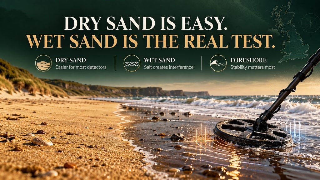 UK beach showing dry sand transitioning into wet salt foreshore, illustrating why wet sand is harder for metal detectors.