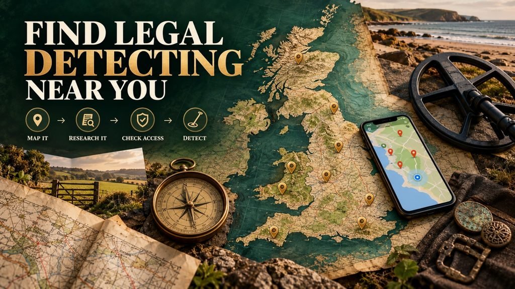 UK map with location pins, historical maps and smartphone navigation showing how to find legal metal detecting sites nearby