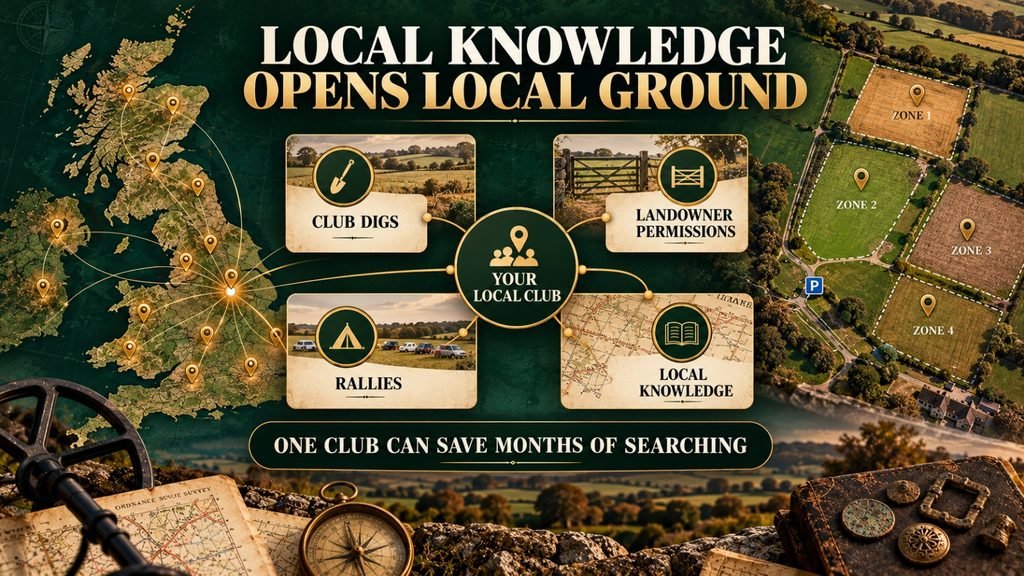 UK detecting club network and rally field map showing how local clubs can provide access to organised detecting ground