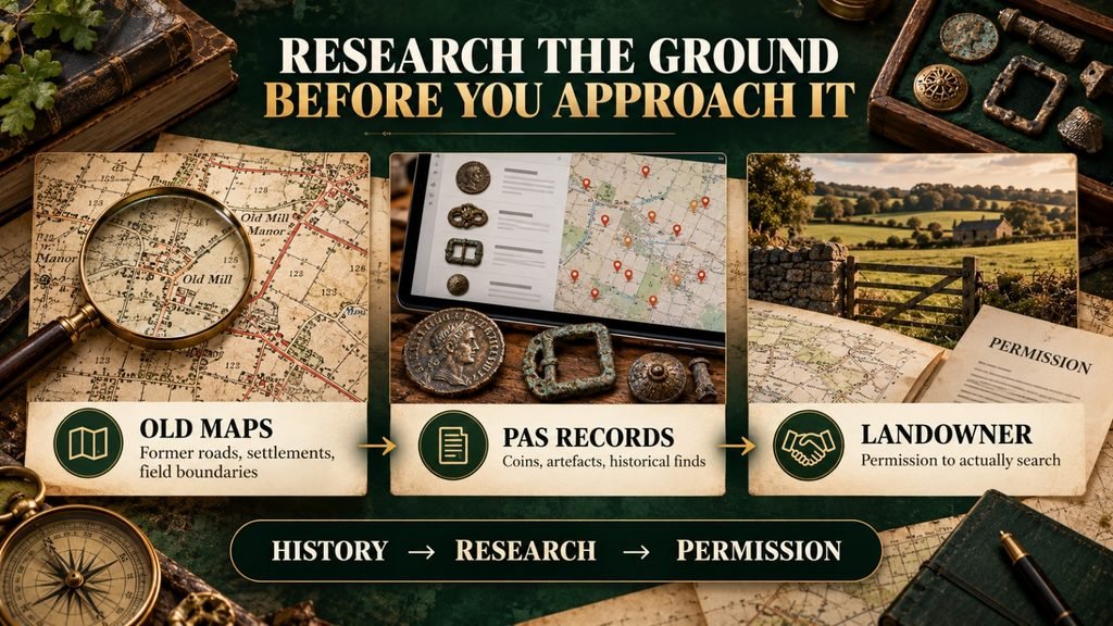 Historical maps, archaeological finds and PAS-style research showing how to investigate local detecting areas before seeking permission