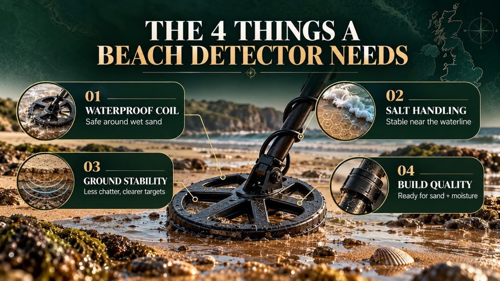 Four essential features of a UK beach metal detector: waterproof coil, salt handling, ground stability and durable construction.