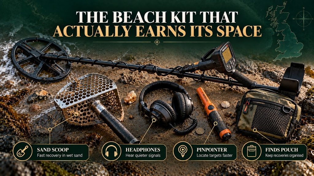 Essential UK beach detecting equipment including a sand scoop, headphones, pinpointer and finds pouch.