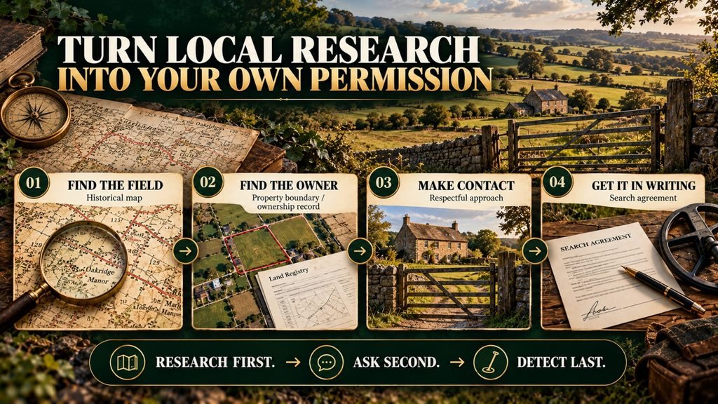 Four-step process showing how to research a UK field, identify its owner, request permission and secure a written detecting agreement