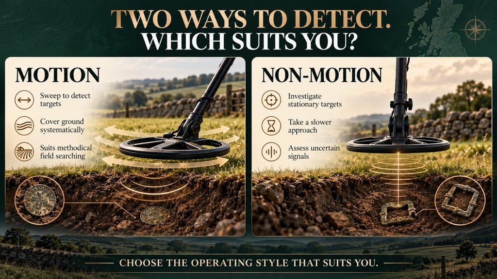 Comparison of motion and non-motion metal detector operating styles, showing a moving search coil and a stationary coil over a target.