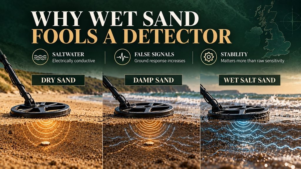 Technical illustration showing how saltwater in wet beach sand can create interference for metal detectors.